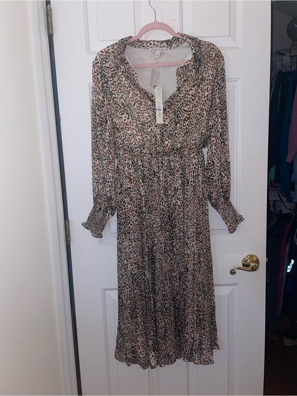 She + Sky Beige and Black Leopard Print Long Sleeve Midi Dress